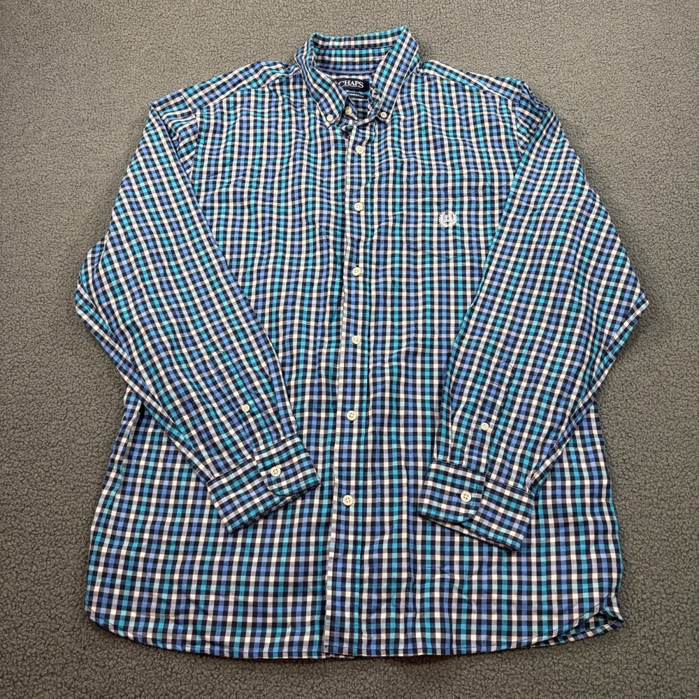 Chaps Button Down Shirt Mens XL Blue Gingham Performance Long Sleeve Plaid Logo